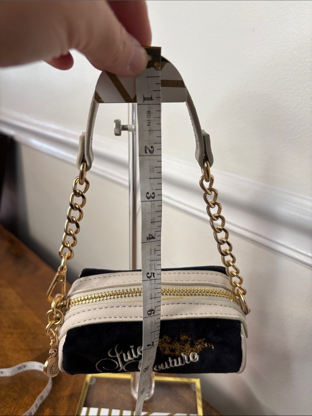 Juicy Couture Black Velvet Mini Bag with Gold Chain & Cream Trim - Picture 15 of 16
